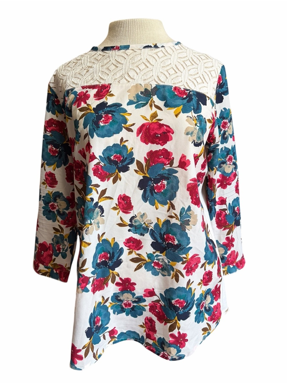 Floral Lace Yoke Tunic - Teal, Fuchsia & White